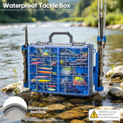 THKFISH Waterproof Double Side Tackle Box, Portable Storage Box with 2 Pack 3500 Stowaway Boxes & Rod Holders, Fishing Lure Organizer YellowPink/Green/Blue/Grey (L-Blue) - color: L-Blue
