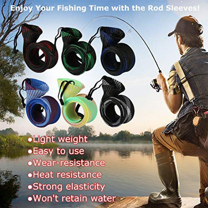 Rod Cover Sleeve,6 Pack Fishing Rod Socks for Fly Spinning Casting Sea Rod, Braided Mesh Fishing Pole Gloves Protector Gear w/ 6 Pack Rod Ties Straps,Fishing Accessories Tools,1 Dozen Kit by STSTECH