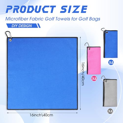 Batiyeer 12 Pcs Golf Towel Bulk for Golf Bags Microfiber Fabric Towel with Clip Waffle Pattern, Fitness, Camping, Hiking, Yoga - color: Rose Red, Gray, Blue