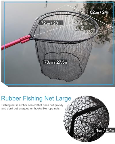 Large Rubber Fishing Net Heavy Duty Extra Large Aluminum Landing Net for Saltwater Fish Net Telescoping Handle with 6pcs Soft Jig Swimbait, Extends to 72-94in