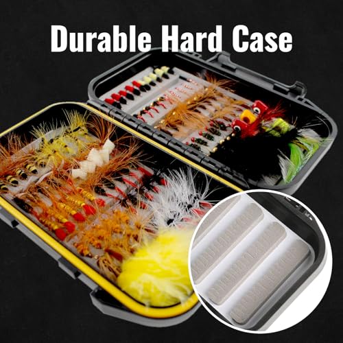 Fly Fishing Flies Kit 100pcs Dry Wet Nymph Streamer Lures Set Fly Fishing Gear Tackle Hooks for Trout Bass Salmon with Waterproof Double Sided Fly Box Assortment Hand Tied Fly Lures