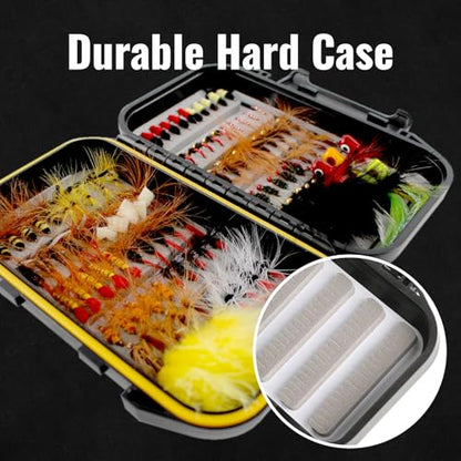 Fly Fishing Flies Kit 100pcs Dry Wet Nymph Streamer Lures Set Fly Fishing Gear Tackle Hooks for Trout Bass Salmon with Waterproof Double Sided Fly Box Assortment Hand Tied Fly Lures