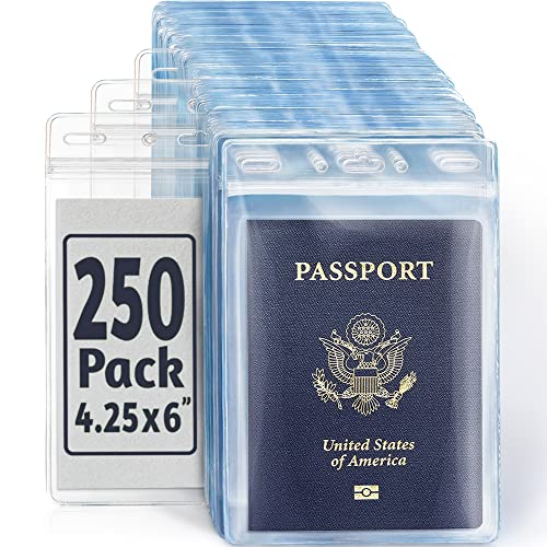 4x6 XXL Passport, ID, Name Card Holders - Vertical, Resealable, 250 PK | EcoEarth clear plastic waterproof passport holder with soft edge and zipper seal, 5 pre-punched holes for all lanyard clips - size: 250 Pack