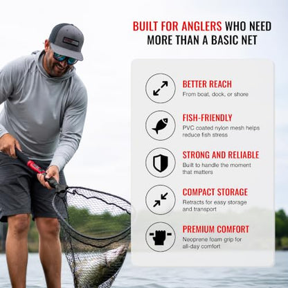 EGO S2 Slider Fishing Net Handle | Adjustable Extension Handle, Minimal Water Drag Design, Ergonomic Foam Grip for Landing Nets - size: 29" to 60" Handle, 22” x 23” Hoop, style: Pvc Coated Mesh