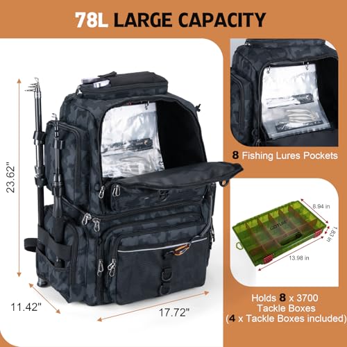 Goture Fishing Backpack with 4 Tackle Boxes, 78L 600D Water-Resistant Tackle Backpack with Cooler,Rod Holders, 8 Lure Pockets, Rain Cover, Large Fishing Bag Storage Gear Tackle Bag for Camping Hiking - color: D1:78L Insulated Camo(With 4 3700 Tackle Boxes