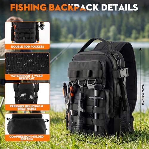 Fishing Backpack with Spinning Rod Reel Combos Tackle Box,Portable Travel Fishing Rods Kit,Fishing Sling Tackle Bag with Rod Holders,Fishing Gear Gifts for Men with Fishing Lures,Pliers
