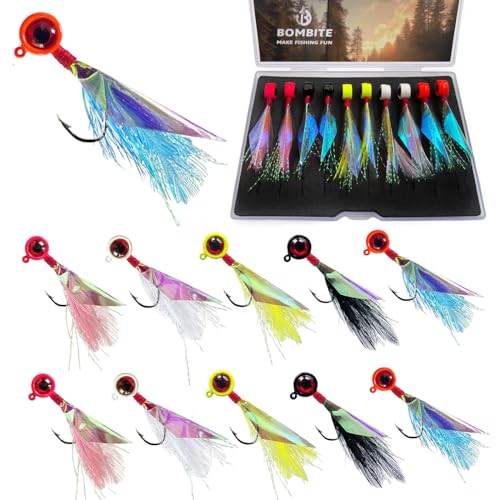 Crappie Jigs - Hand-Tied Jig Heads With Rainbow Skin Feather, Fishing Lures Kit for Bass, Walleye, Panfish, Sunfish - 1/32oz, 1/16oz, 1/8oz - color: 10pcs-1/16oz