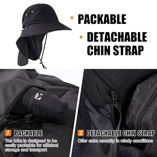 Oversized XL XXL Mens Sun Hat Big Head Neck Flap Shade Waterproof UPF50+ Wide Brim Hat Fishing Safari Hiking - color: Black, size: Medium-Large