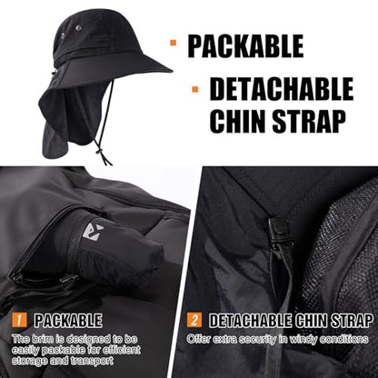 Oversized XL XXL Mens Sun Hat Big Head Neck Flap Shade Waterproof UPF50+ Wide Brim Hat Fishing Safari Hiking - color: Black, size: Medium-Large