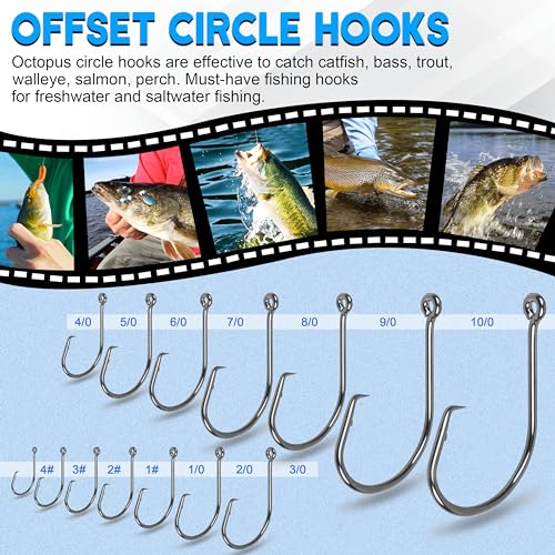 Fishing Circle Hooks Saltwater, 120pcs Catfish Hooks Offset Circle Octopus Fishing Hooks High Carbon Steel Black Nickel 2X Strong Barbed Fishhooks for Bass Trout Catfish Freshwater Size 6#-10/0 - size: 4#-120pcs