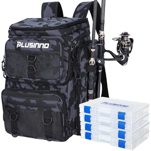 PLUSINNO Fishing Tackle Backpack with Rod Holders，42L Water-resistant Fishing Bag Store Fishing Gear, Fisher Gifts For Men. - color: Black Camo（4 Tackle Boxes Included）