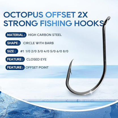 UCEC Circle Fishing Hooks Octopus Hooks Saltwater Freshwater, High Carbon Steel Offset Fishing Octopus Hook Set for Catfish Trout Fishing Size #1 1/02/03/04/05/06/07/08/0 170/ 100PCS - color: 170PCS Size: #1 1/0 2/0 3/0 4/0 5/0 6/0 8/0