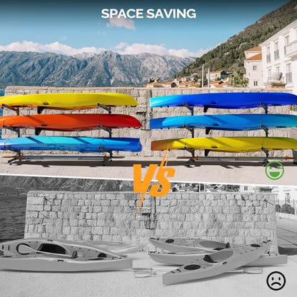Bonnlo Kayak Storage Rack, Adjustable Heavy Duty Kayak Rack for Kayaks Paddle Boards, Kayak Paddle Holder for Garage, Spacesaver, Gentle on Padding, Boat Organizer - style: 3 Kayaks, Free Standing(Londger Arms)