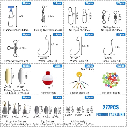 277pcs Fishing Accessories Kit, Fishing Tackle Box with Fishing Hooks Weights Swivels Snaps Sinker Slides Spinner Blade Bobber Stop Floats Beads for Bass Bluegill Crappie Saltwater Freshwater Fishing - style: 277pcs Fishing Accessories Kit