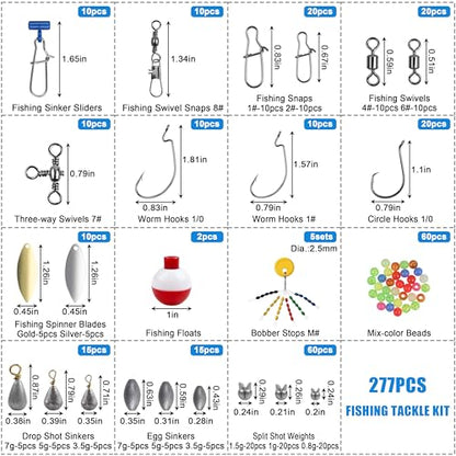 277pcs Fishing Accessories Kit, Fishing Tackle Box with Fishing Hooks Weights Swivels Snaps Sinker Slides Spinner Blade Bobber Stop Floats Beads for Bass Bluegill Crappie Saltwater Freshwater Fishing - style: 277pcs Fishing Accessories Kit