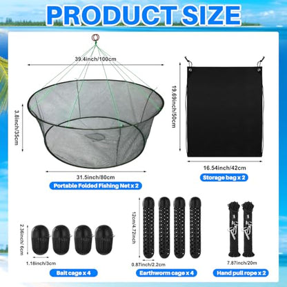 Lasnten 2 Set Portable Foldable Fishing Net Set, 2 Open Mouth Nets, 4 Bait Cages, Durable Crab Net Fish Nylon Net, Good for Freshwater & Saltwater Fishing, Includes Drawstring Bags and Safety Ropes