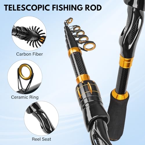 THKFISH Telescoping Fishing Rod and Reel Combo with Backpack, Carbon Fiber Travel Fishing Pole Spinning Reel Kit with Fishing Lures, Fishing Tools Kit for Men - color: Fishing reel & rod with fishing net, size: 39IN