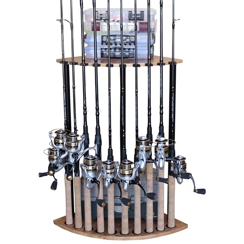 Rush Creek Creations - 10 Fishing Rod and Fishing Pole Holders for Garage, Fishing Gear, Accessories & Tackle Organizer, Vertical Fishing Pole/Rod Corner Storage Rack - 15.35"D x 15.35"W x 26.85"H