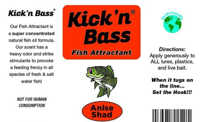 Kick’n Bass Fish Attractant, Supercharged Concentrated Natural Fish Oil Formula Scent for Fishing Lures, One 4 fl oz Bottle. (10 Scents to Choose from) - color: Anise Shad - Kick’n Bass Fish Attractant