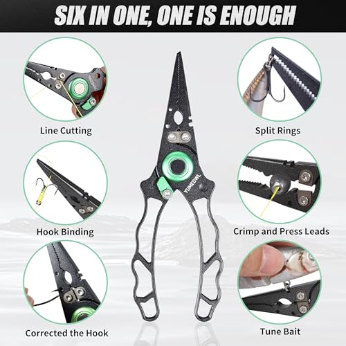 Fishing Pliers with Innovative Ergonomical Handle, Corrosion Saltwater Resistant,Fishing Multitool Hook Remover Braided Fishing Line Cutting, Split Ring with Coiled Lanyard and Sheath - color: Dark Gray-6.6"
