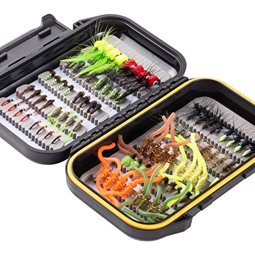 BASSDASH Fly Fishing Flies Kit Fly Assortment Trout Bass Fishing with Fly Box with Dry/Wet Flies, Nymphs, Streamers, Popper - style: 80 Pcs Assorted Flies Kit