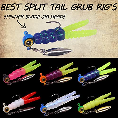 Crappie Jigs and Lures Kit -135 & 40 Piece Set with Plastics, Jig Heads, Split-Tail Grub Baits - Perfect for Crappie Fishing, Panfish Lures - color: Split-Tail Grub 40 pc. KIT Combo 1