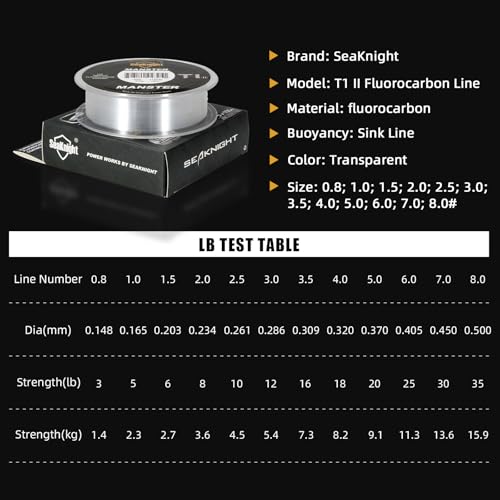 SeaKnight Fluorocarbon Fishing Line, MANSTER T1 II 100M/110Yds Clear Fishing Leader Line - Virtually Invisible, Faster Sinking Line 3-35LB - size: 5.0#: 20LB(9.1KG) 0.370mm