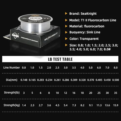 SeaKnight Fluorocarbon Fishing Line, MANSTER T1 II 100M/110Yds Clear Fishing Leader Line - Virtually Invisible, Faster Sinking Line 3-35LB - size: 6.0#: 25LB(11.3KG) 0.405mm