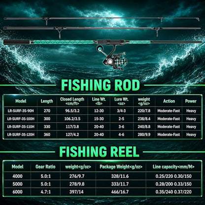 Sougayilang Surf Fishing Rod and Reel Combo, 9-12 ft 3-Piece Surf Rod with 4000-6000 Spinning Reel, Carbon Fiber Saltwater Fishing Combo for Beach Bank and Pier Fishing - size: 11ft