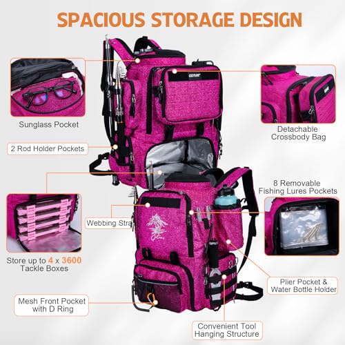 Goture Fishing Backpack with 4 Tackle Boxes,58L 900D Water-Resistant Tackle Backpack with Cooler,Rod Holders,8 Lure Pockets, Detachable Crossbody Bag,Gear Storage Large Fishing Bag for Camping Hiking - color: D1:bling Pink With 4 Tackle Boxes