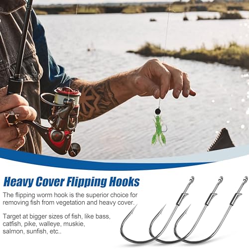Fishing Worm Hooks - Heavy Cover Flipping Hooks with Bait Keeper Straight Shank Worm Hook Bass Fishing Drop Shot Hook Weedless Wacky Neko Rig Hooks Punching Pitching Bait Hooks Freshwater