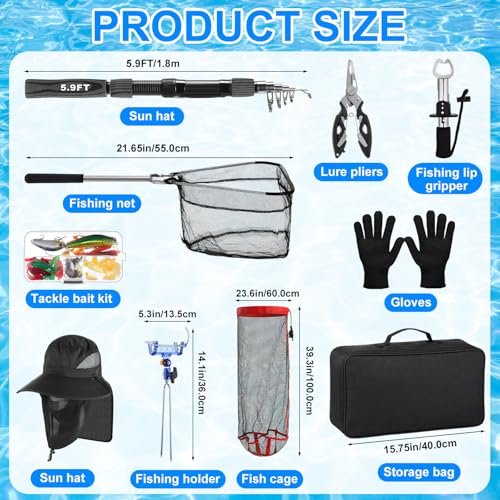 Father's Day Telescopic Fishing Rod Kit, 6.89ft/5.91ft 2 Pcs Collapsible Rod for Him with Landing Net, Tackle Bag, Gloves, Lures, Pliers, Gift for Dad for Saltwater Freshwater Fishing - size: 5.91 FT