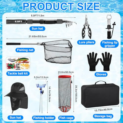 Father's Day Telescopic Fishing Rod Kit, 6.89ft/5.91ft 2 Pcs Collapsible Rod for Him with Landing Net, Tackle Bag, Gloves, Lures, Pliers, Gift for Dad for Saltwater Freshwater Fishing - size: 5.91 FT
