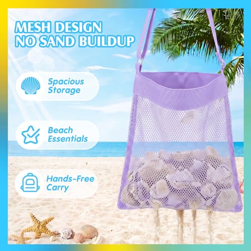 VioraWhite 2 Pcs Extra Large 14 x 16inch Clam Mesh Chum Beach Bags for Seashells Clams Treasures Sand Away Foldable Shell Collection Bags with Adjustable Straps (Pink,Purple) - color: Pink,Purple