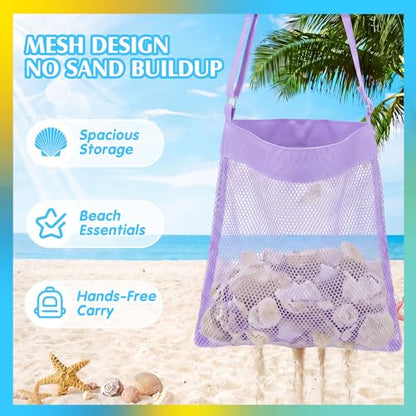 VioraWhite 2 Pcs Extra Large 14 x 16inch Clam Mesh Chum Beach Bags for Seashells Clams Treasures Sand Away Foldable Shell Collection Bags with Adjustable Straps (Pink,Purple) - color: Pink,Purple