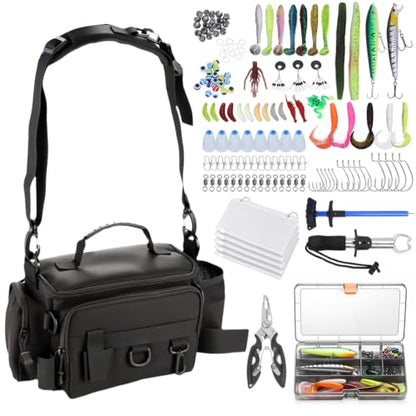 Fishing Tackle Bags with Tackle Box,Waterproof,Padded Shoulder Strap,Gear Storage,Fish Bag with 136 Pcs Fishing Lures Kit,Fish Hook Remover Tool,Fish Lip Gripper,Fishing Plier,Gifts for Men (Black) - color: Black