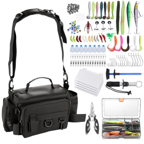 Fishing Tackle Bags with Tackle Box &Tool Set,Gifts for Men (Black) | Waterproof,Fish Bag with 136 Pcs Fishing Lures Kit,Fish Hook Remover Tool,Fish Lip Gripper,Fishing Plier - color: Black