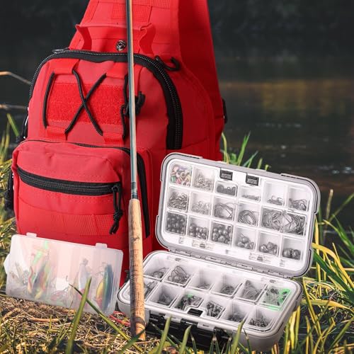Sosation 482 Pcs Fishing Sling Tackle Bag Set Fish Tackle Box Backpack Storage Fishing Gear and Equipment Included Fish Hook Remover Tool Lures Lip Gripper, Gift for Men - color: Red