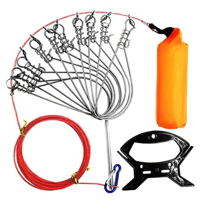 Fishing Stringer Live Fish Lock, Stainless Steel Fish Stringer Clip, Big Fish Wire Rope Cable with Float and Plastic Handle, Fishing Holder Kit with High Strength 10 Snaps/Buckles - size: 10m