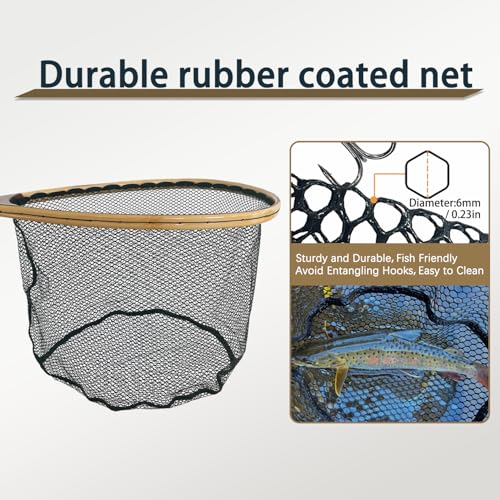 Fly Fishing Landing Net Trout Soft 23.62in Rubber Fish Net with Wooden Handle Frame Fly Fish Net