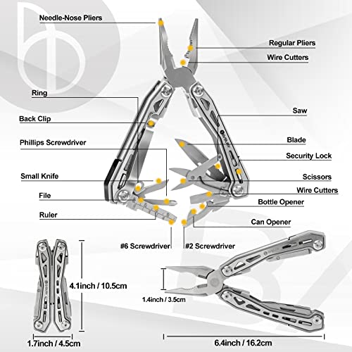 BIBURY Multitools BI2043, 17-in-1 Portable Multitool Foldable Spring-Loaded Pliers with Scissors, Can Opener & Screwdriver, Safety Locking EDC Tools for Camping Outdoor Activities Home Repair (Black) - size: 17-IN-1 Black