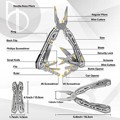 BIBURY Multitools BI2043, 17-in-1 Portable Multitool Foldable Spring-Loaded Pliers with Scissors, Can Opener & Screwdriver, Safety Locking EDC Tools for Camping Outdoor Activities Home Repair (Black) - size: 17-IN-1 Black