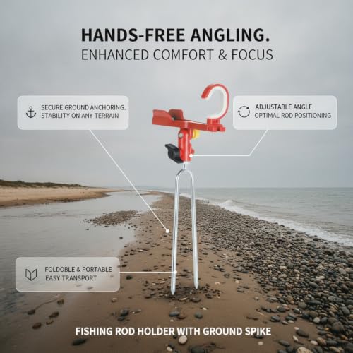 Fishing Rod Holder with Ground Spike, Foldable Metal Stake for Riverbank and Seaside Angling (1 PC) - color: Red