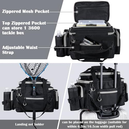 Goture Fishing Tackle Bag with 2pcs 3600 Tackle Boxes, 600D Water-Resistant Soft Side Saltwater Gear Storage Fishing Bag with Rod Straps, Detachable Water Bottle Pouch, Waterproof Bottom, SBS Zippers - color: C1:Black Gray with 2 3600 Tackle Boxes, size: