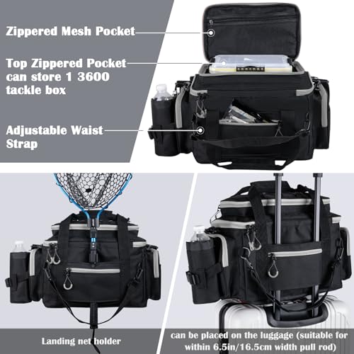 Goture Fishing Tackle Bag with 4pcs 3600 Tackle Boxes, 600D Water-Resistant Soft Side Saltwater Gear Storage Fishing Bag with Rod Straps, Detachable Water Bottle Pouch, Waterproof Bottom, SBS Zippers - color: C2:Black Gray with 4 3600 Tackle Boxes, size: