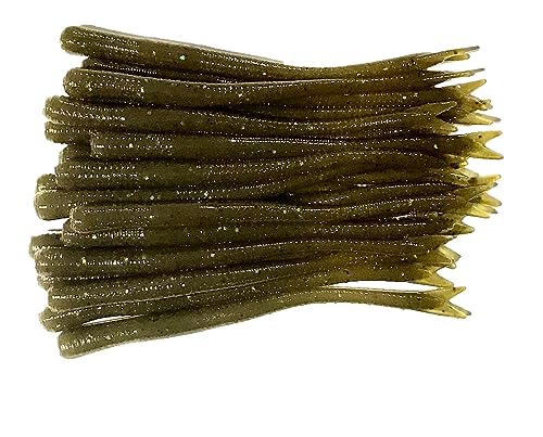 20 Pcs 4-1/2" Drop Shot Finesse Worms (Scent, Float), Soft Plastic Worms, Bass Fishing Worms - color: Green Pumpkin/Grn Flakes