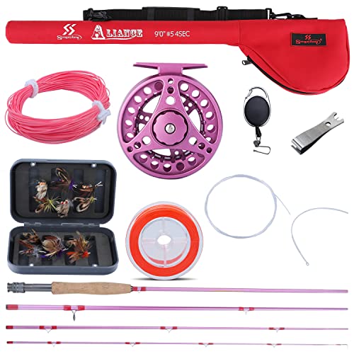 Sougayilang Fly Fishing Rod Reel Combos with Lightweight Portable Fly Rod and CNC-machined Aluminum Alloy Fly Reel,Fly Fishing Complete Starter Package - color: Fly Fishing Full Kit 5-6#-Pink