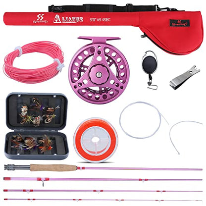 Sougayilang Fly Fishing Rod Reel Combos with Lightweight Portable Fly Rod and CNC-machined Aluminum Alloy Fly Reel,Fly Fishing Complete Starter Package - color: Fly Fishing Full Kit 5-6#-Pink