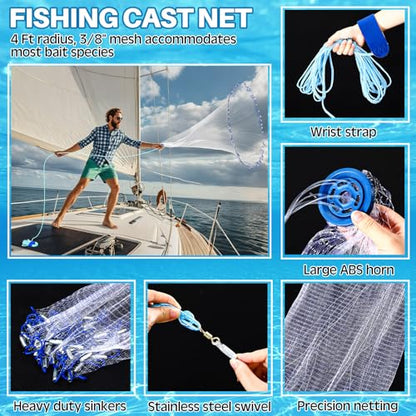 Threehoney Set of 4 Saltwater Fishing Cast Net, Foldable Fish Bucket, Folding Fishing Landing Net, and 110lb Digital Scale, 6 Gallon Live Fish Bait Bucket - color: Black, size: 4ft