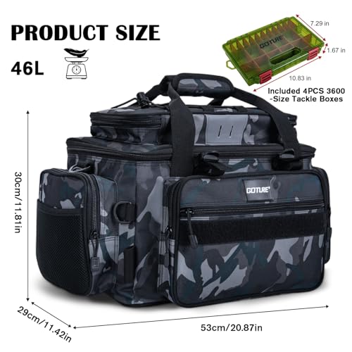 Goture Fishing Tackle Bag with 4pcs 3600 Tackle Boxes, 600D Water-Resistant Soft Side Saltwater Gear Storage Fishing Bag with Rod Straps, Detachable Water Bottle Pouch, Waterproof Bottom, SBS Zippers - color: C2:Camo with 4 3600 Tackle Boxes, size: Large